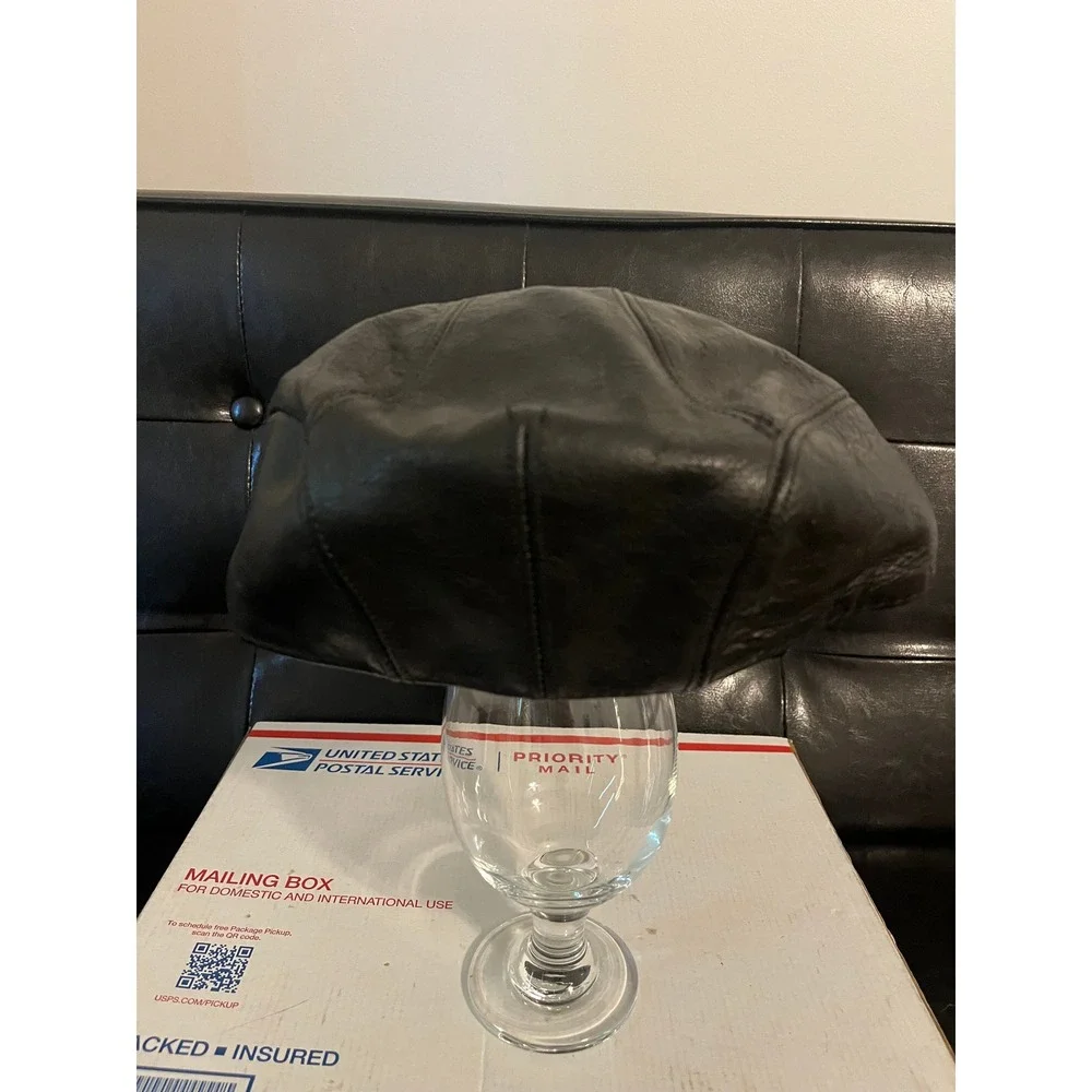 Mens Black Pebbled Leather Flat Cap Ivy‎ Newsboy Hat Paneled Driver Cap